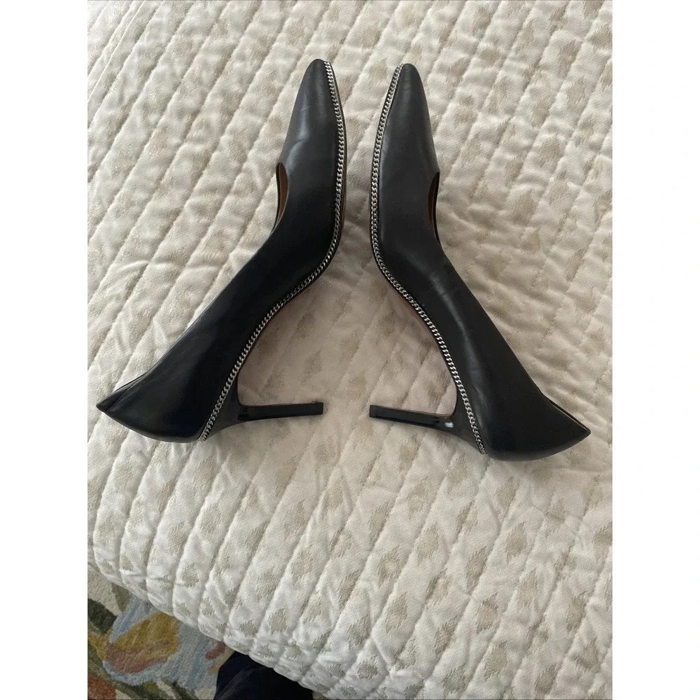 Rachel Zoe‎ Heels Size 9.5 Black Leather Pointed Stiletto Pump Silver Trim